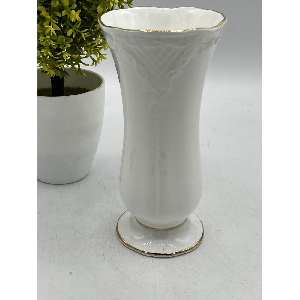 Royal Albert Bone China England White Embossed Scroll Vase Gold Trim 6in